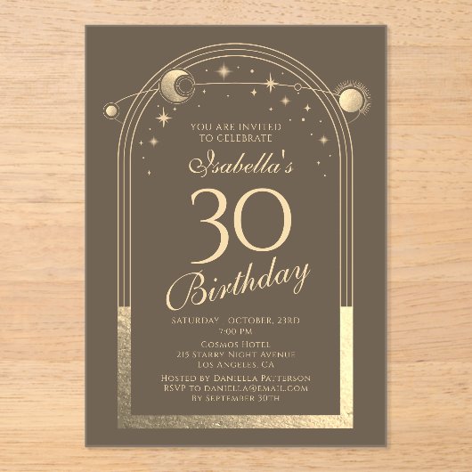Celestial Mocha Gouden Zon Maan Sterren 30e Verjaa Acryl Uitnodigingen (Voorkant)