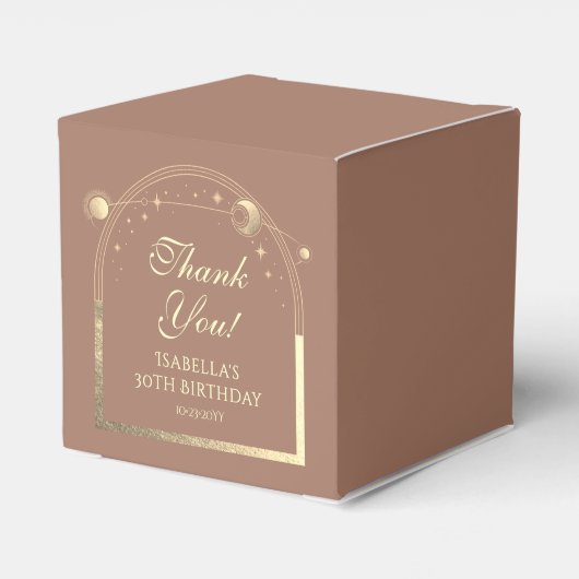 Celestial Mocha Gouden Zon Maan Sterren 30e Verjaa Bedankdoosjes (Achterkant)