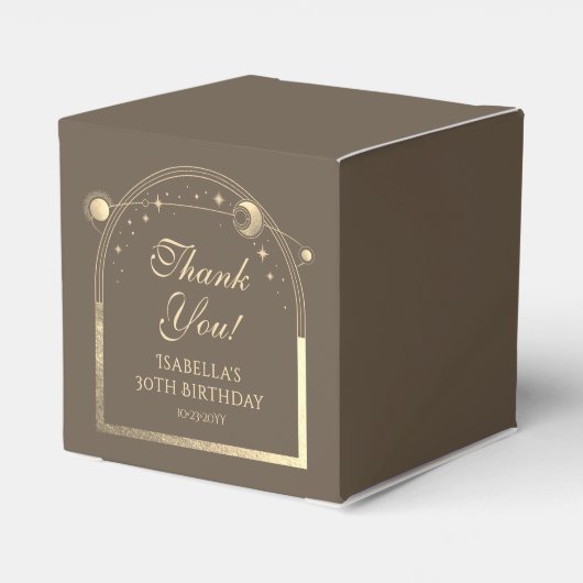 Celestial Mocha Gouden Zon Maan Sterren 30e Verjaa Bedankdoosjes (Achterkant)