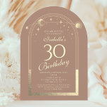 Celestial Mocha Gouden Zon Maan Sterren 30e Verjaa Kaart<br><div class="desc">Celestial Mocha Mousse Gold Sun Moon Astronomy 30th Birthday Invitations beschikt over een sierlijke gouden zon, maan en sterren met een gouden lijst op een mocha mousse achtergrond. Binnenin is uw aangepaste dertigste verjaardag uitnodiging informatie. Personaliseer door de tekst in de tekstvakken te bewerken. Ontworpen voor u door Evco Studio...</div>