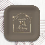 Celestial Mocha Gouden Zon Maan Sterren 30e Verjaa Papieren Bordje<br><div class="desc">Celestial Mocha Gold Sun Moon Astronomy 30th Birthday Paper Borden zijn voorzien van een sierlijke gouden zon, maan en sterren met een gouden lijst op een mocha achtergrond. Binnenin is uw aangepaste dertigste verjaardag informatie. Personaliseer door de tekst in de tekstvakken te bewerken. Ontworpen voor u door Evco Studio www.zazzle.com/store/evcostudio...</div>