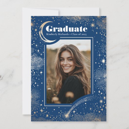 Celestial Modern Blue Afstuderen Foto Afstuderen Aankondiging (Voorkant)