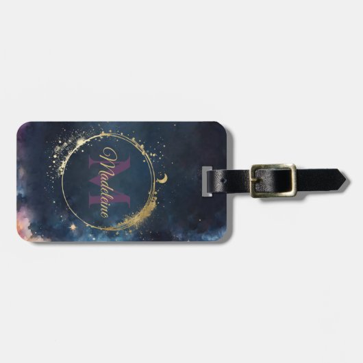 Celestial Monogram Blauw Goud Galaxy Sky Planets Bagagelabel (Voorkant horizontaal)