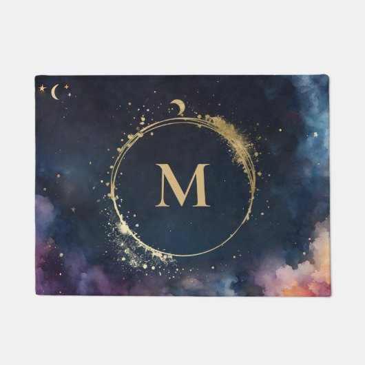 Celestial Monogram Blauw Goud Galaxy Sky Planets Deurmat (Voorkant)