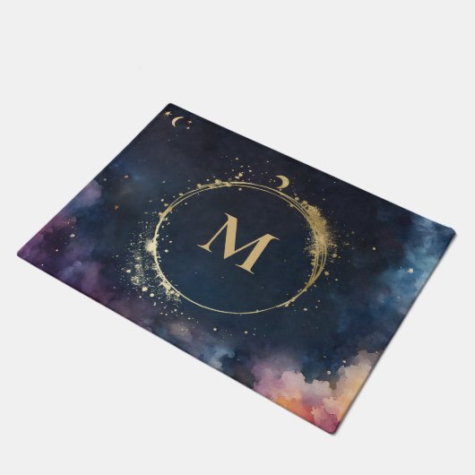 Celestial Monogram Blauw Goud Galaxy Sky Planets Deurmat (Schuin)