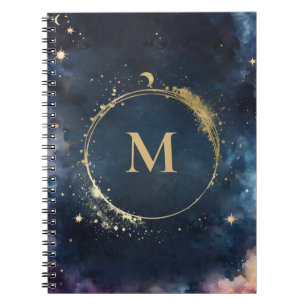 Celestial Monogram Blauw Goud Galaxy Sky Planets Notitieboek