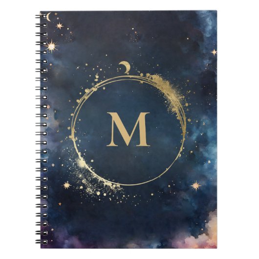 Celestial Monogram Blauw Goud Galaxy Sky Planets Notitieboek (Voorkant)