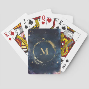 Celestial Monogram Blauw Goud Galaxy Sky Planets Pokerkaarten