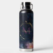 Celestial Monogram Blauw Goud Galaxy Sky Planets Waterfles (Achterkant)