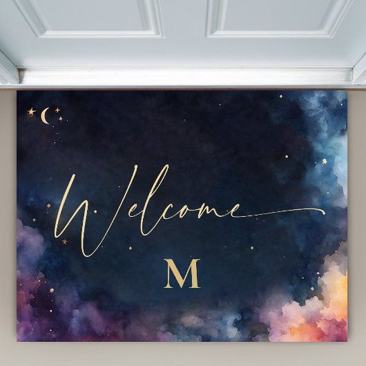 Celestial Monogram Blauw Goud Galaxy Sky Welkom Deurmat