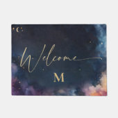 Celestial Monogram Blauw Goud Galaxy Sky Welkom Deurmat (Voorkant)