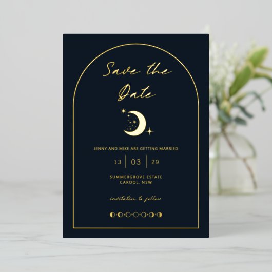 Celestial Moon and Stars Arch Save the Date Folie Uitnodiging (Staand Voorkant)