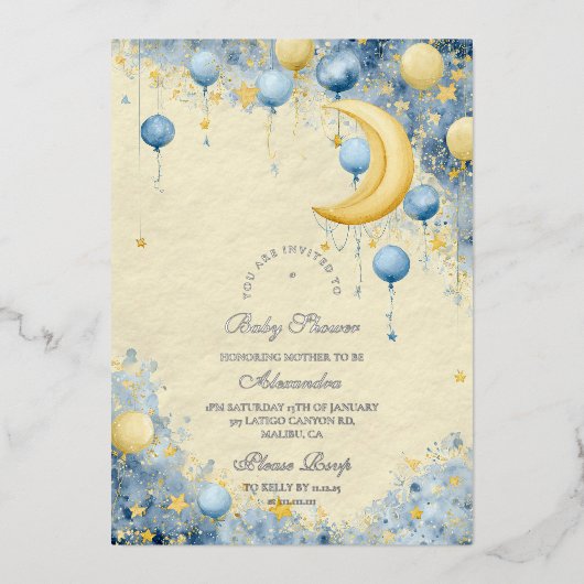 Celestial Moon and Stars Baby shower Folie Uitnodiging (Voorkant)
