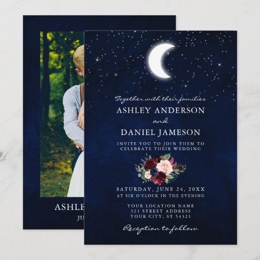 Celestial Moon and Stars Floral Photo Wedding Kaart (Voorkant / Achterkant)