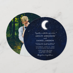 Celestial Moon and Stars Round Photo Wedding Kaart