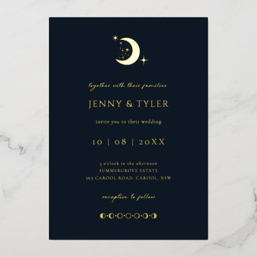 Celestial Moon and Stars Wedding Invitation Folie Uitnodiging (Voorkant)