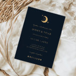 Celestial Moon and Stars Wedding Invitation Kaart<br><div class="desc">Deze unieke, aanpasbare trouwuitnodigingskaart is ontworpen om te coördineren met ons Celestial Mystic Collectie en biedt prachtige gouden hemellichamen op een donkere marinekleur. Voor een meer geavanceerde aanpassing van dit ontwerp, bijvoorbeeld het wijzigen van de lay-out, het lettertype of de tekstgrootte, klikt u hierboven op de knop "AANPASSEN". Neem contact...</div>