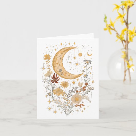 Celestial Moon and Wildflower Greeting Card – Boho Kaart (Gele Bloem)