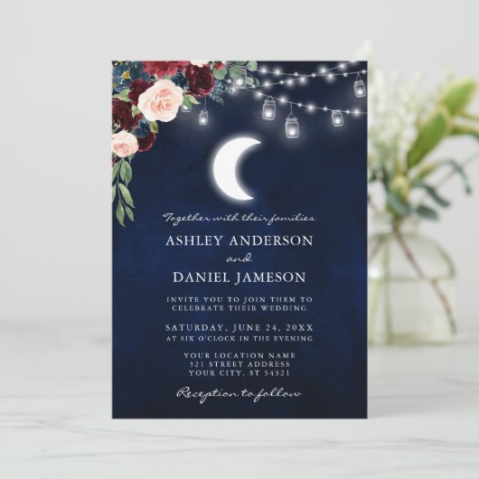 Celestial Moon Burgundy Floral Jar Lights Wedding Kaart (Staand voorkant)