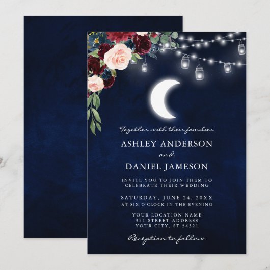 Celestial Moon Burgundy Floral Jar Lights Wedding Kaart (Voorkant / Achterkant)
