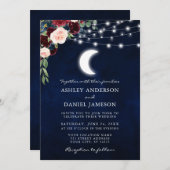 Celestial Moon Burgundy Floral Lights Wedding Kaart (Voorkant / Achterkant)