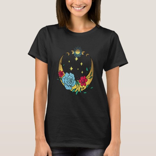 Celestial moon en Flowers Boho Crescent Moon T-shirt (Voorkant)