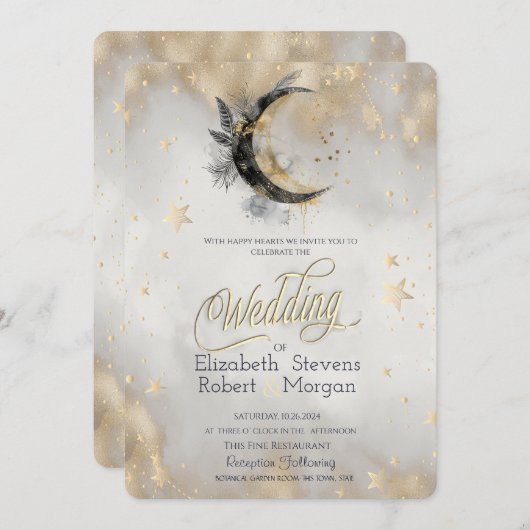 Celestial Moon Feather Gold Stars Waterverf Kaart (Voorkant / Achterkant)