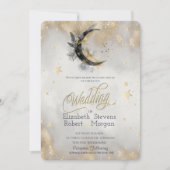 Celestial Moon Feather Gold Stars Waterverf Kaart (Voorkant)