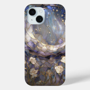 Celestial Moon & Floral Glas in lood Telefoonhoes iPhone 15 Case