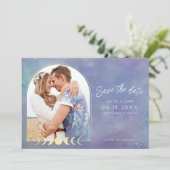 Celestial Moon Galaxy Whimsical Photo Wedding Save The Date (Staand voorkant)