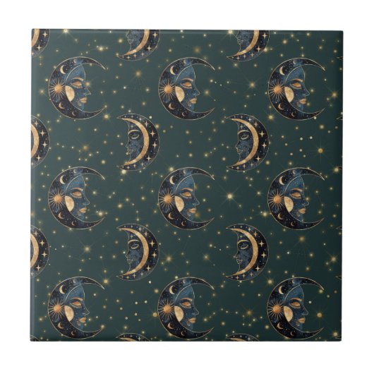 Celestial Moon Gold Starry Night Pattern (2) Tegeltje (Voorkant)