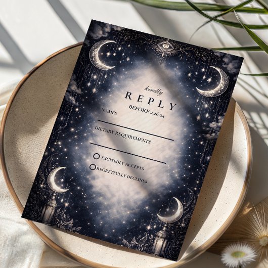 Celestial Moon Gothic Wedding RSVP Kaartje