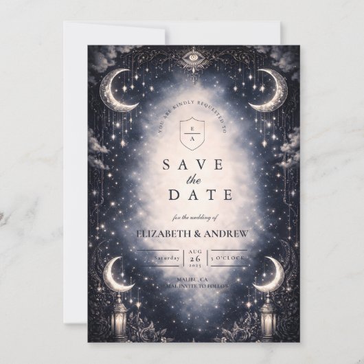 Celestial Moon Gothic Wedding Save The Date (Voorkant)