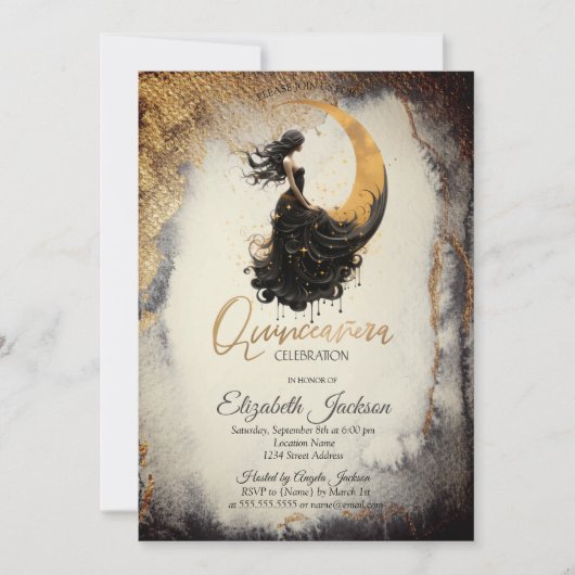 Celestial Moon Meisje Waterverf Goud Quinceanera Kaart (Voorkant)