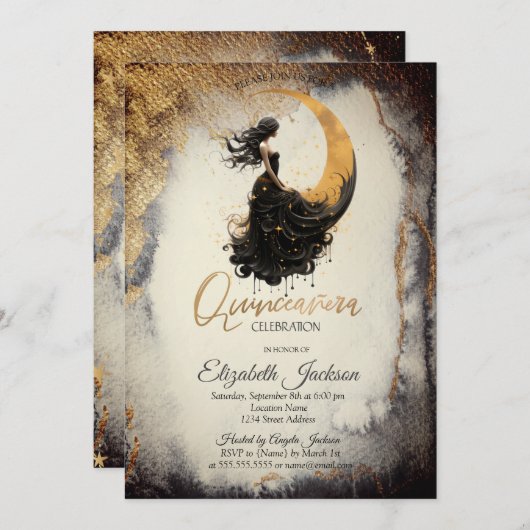 Celestial Moon Meisje Waterverf Goud Quinceanera Kaart (Voorkant / Achterkant)