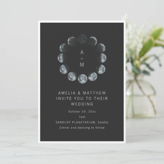 Celestial Moon Phase Black Dark Night Sky Wedding Kaart (Staand voorkant)