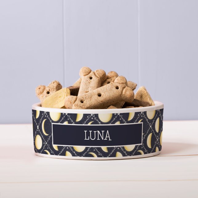 Celestial Moon Phases Pattern Voerbakje (Moon Phases Pattern Dog Bowl with Nameplate)