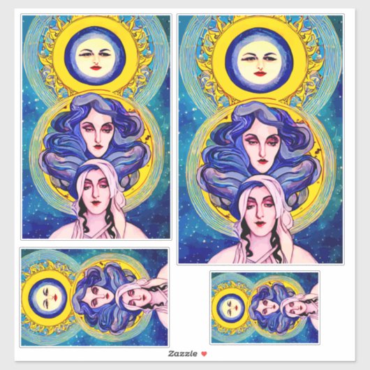 Celestial Moon Sisters Fantasy Abstract Art Sticker (Vel)