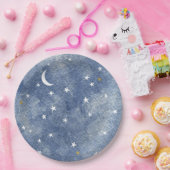 Celestial Moon Star Navy Blue Waterverf Papieren Bordje (Feest)