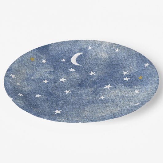 Celestial Moon Star Navy Blue Waterverf Papieren Bordje (Gekanteld)