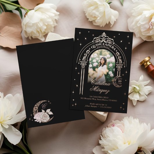 Celestial Moon Star Tiara Arch Foto Quinceañera Folie Uitnodiging