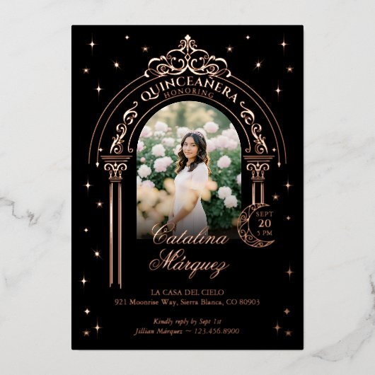 Celestial Moon Star Tiara Arch Foto Quinceañera Folie Uitnodiging (Voorkant)