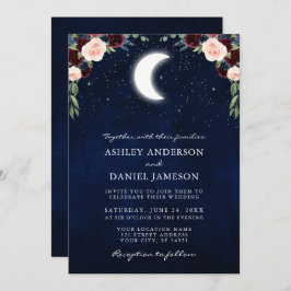 Celestial Moon Stars Burgundy Floral Photo Wedding Kaart