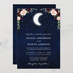 Celestial Moon Stars Burgundy Floral Photo Wedding Kaart
