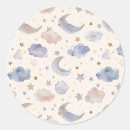 Celestial Moon Stars Clouds Pastel Lavender Ronde Sticker