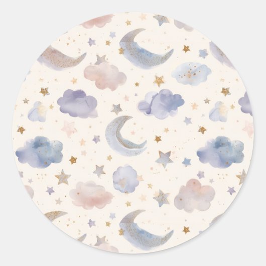 Celestial Moon Stars Clouds Pastel Lavender Ronde Sticker (Voorkant)