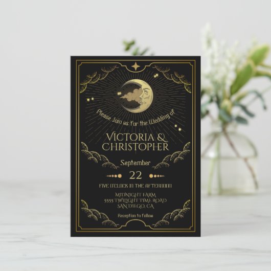 Celestial Moon & Stars Faux Gold Wedding Kaart (Staand voorkant)