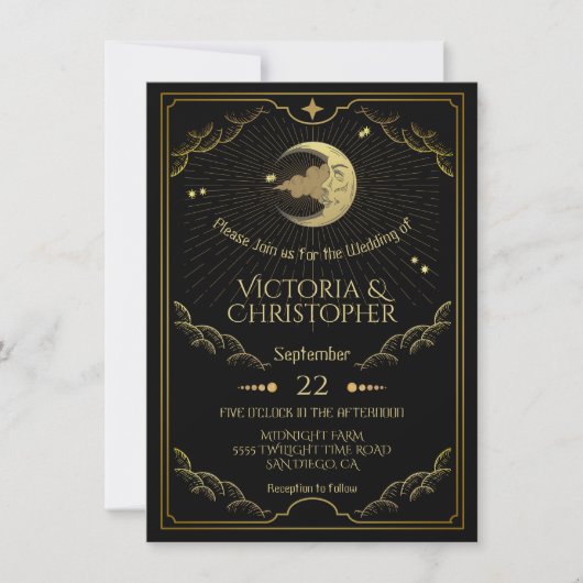 Celestial Moon & Stars Faux Gold Wedding Kaart (Voorkant)