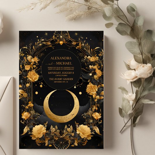 Celestial Moon & Stars Faux Gold Wedding Kaart