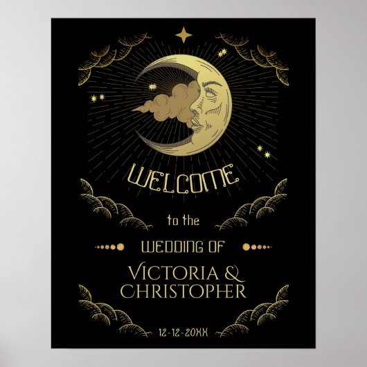 Celestial Moon & Stars Faux Gold Wedding Welkom Poster (Voorkant)